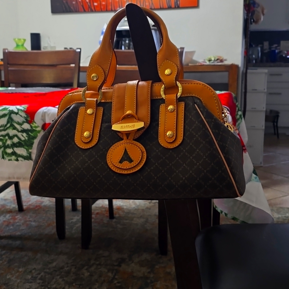 Medium Eiffel leather + canvas handbag.